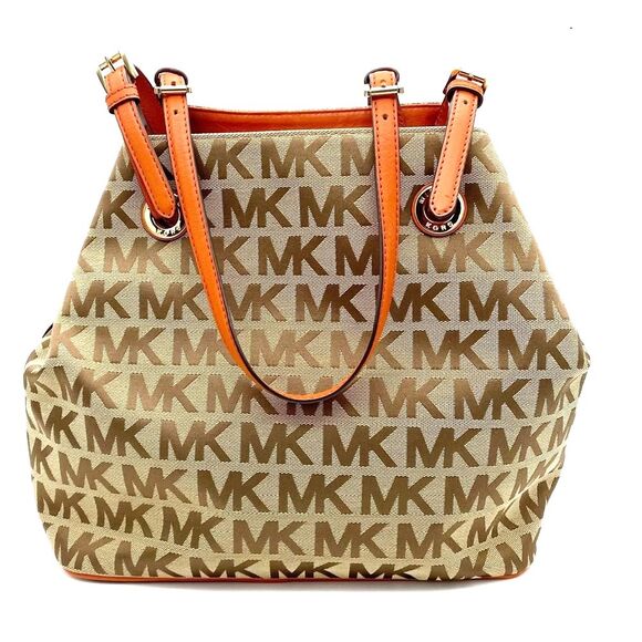 NEW MICHAEL Michael Kors Beige Tan Orange Signature Canvas & Leather Tote Large - Picture 1 of 16